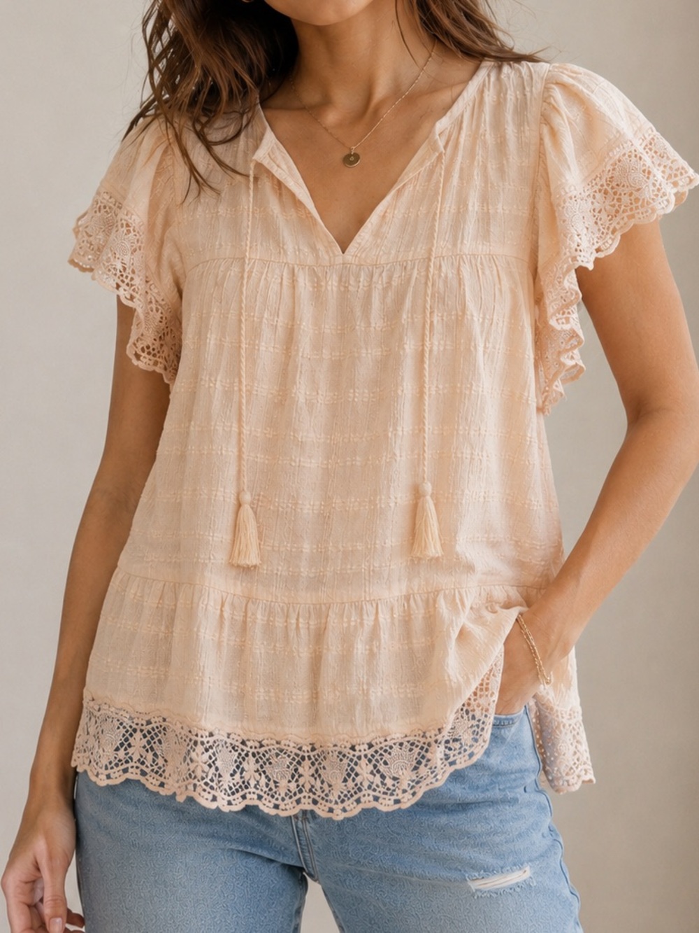 GAP Peach Lace Trim Flutter Sleeve Blouse